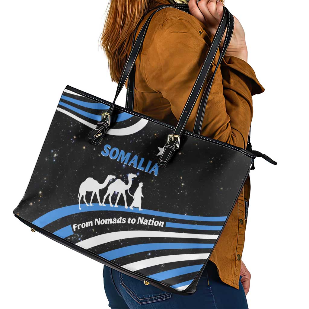 Somalia Leather Tote Bag with From Nomads to Nation Camel Galaxy Flag Spirit