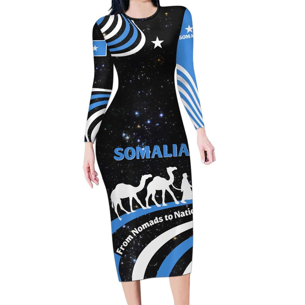 Somalia Long Sleeve Bodycon Dress with From Nomads to Nation Camel Galaxy Flag Spirit
