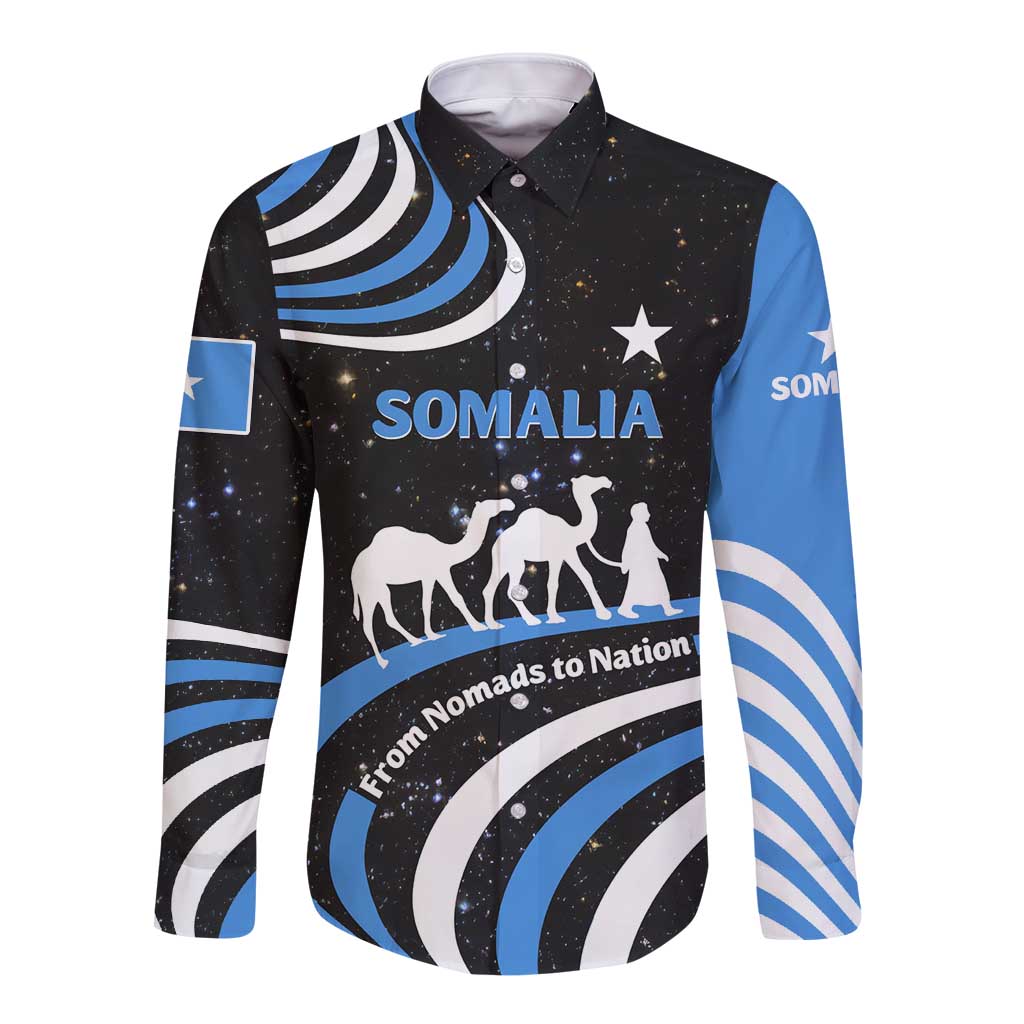 Somalia Long Sleeve Button Shirt with From Nomads to Nation Camel Galaxy Flag Spirit