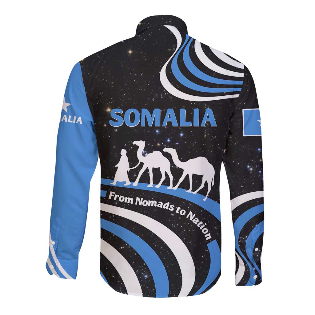 Somalia Long Sleeve Button Shirt with From Nomads to Nation Camel Galaxy Flag Spirit