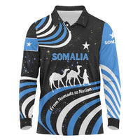 Somalia Long Sleeve Polo Shirt with From Nomads to Nation Camel Galaxy Flag Spirit