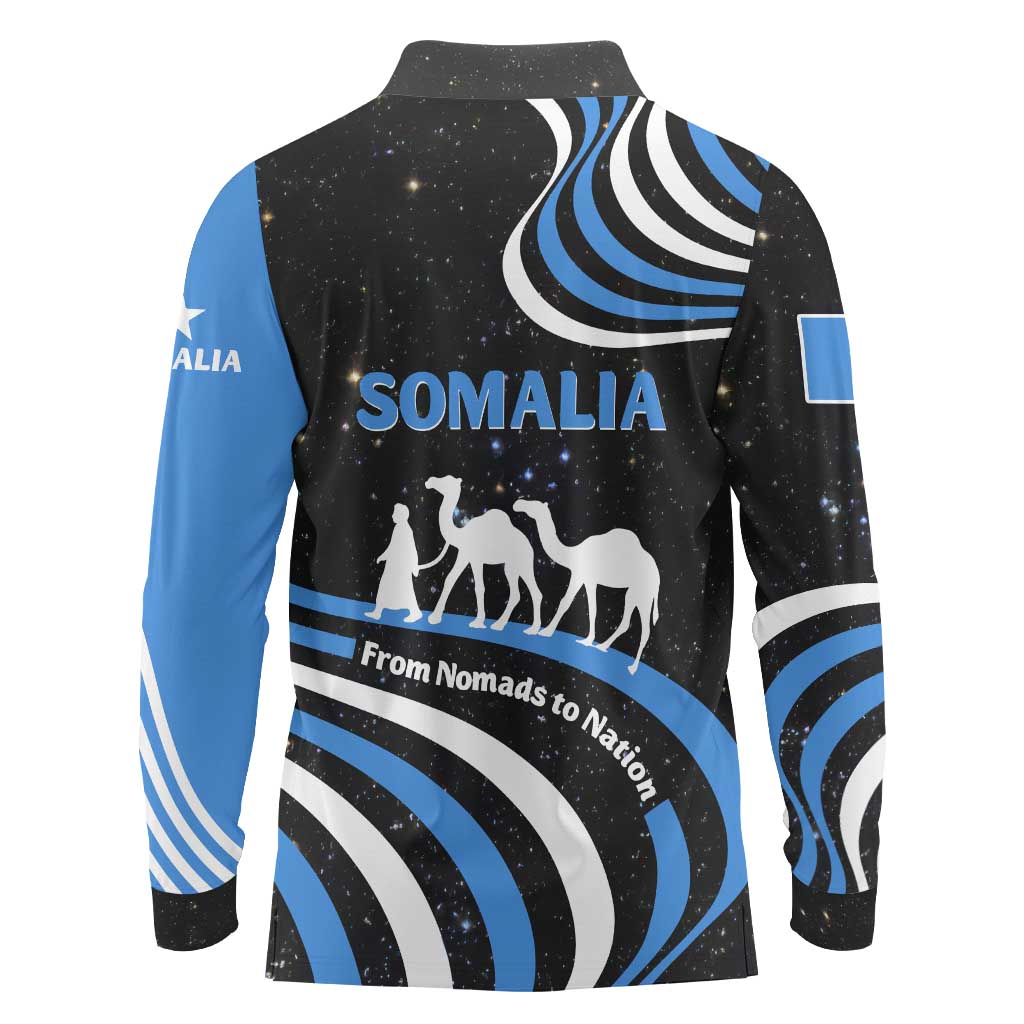 Somalia Long Sleeve Polo Shirt with From Nomads to Nation Camel Galaxy Flag Spirit
