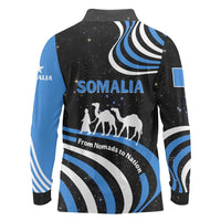 Somalia Long Sleeve Polo Shirt with From Nomads to Nation Camel Galaxy Flag Spirit
