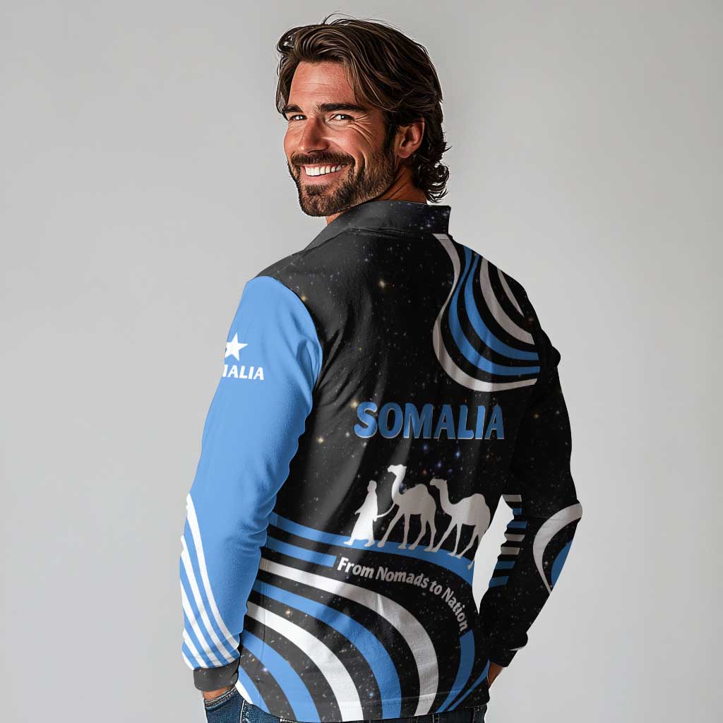 Somalia Long Sleeve Polo Shirt with From Nomads to Nation Camel Galaxy Flag Spirit