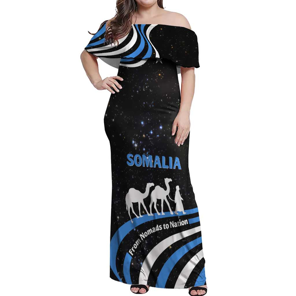 Somalia Off Shoulder Maxi Dress with From Nomads to Nation Camel Galaxy Flag Spirit