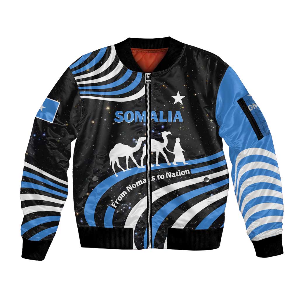 Somalia Sleeve Zip Bomber Jacket with From Nomads to Nation Camel Galaxy Flag Spirit