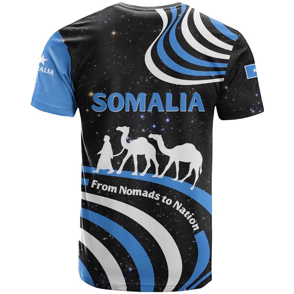Somalia T Shirt with From Nomads to Nation Camel Galaxy Flag Spirit