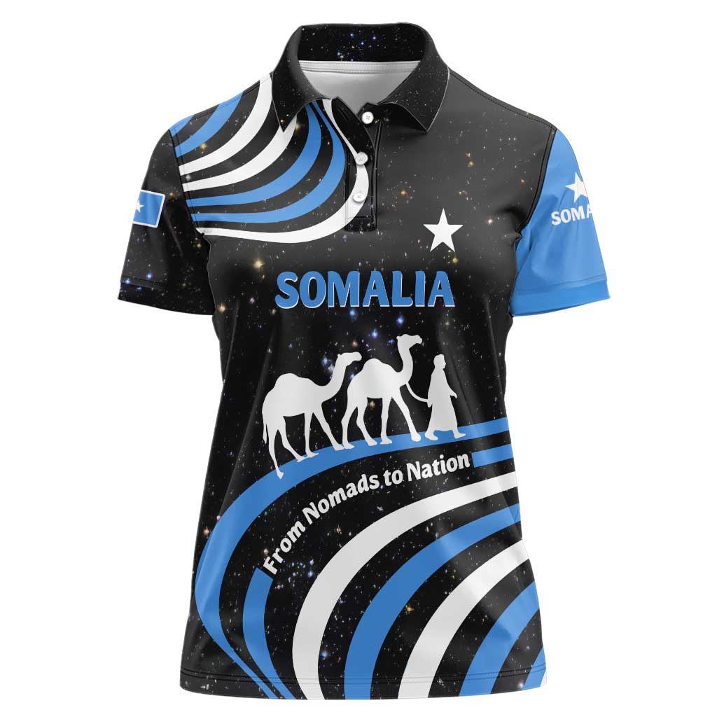 Somalia Women Polo Shirt with From Nomads to Nation Camel Galaxy Flag Spirit
