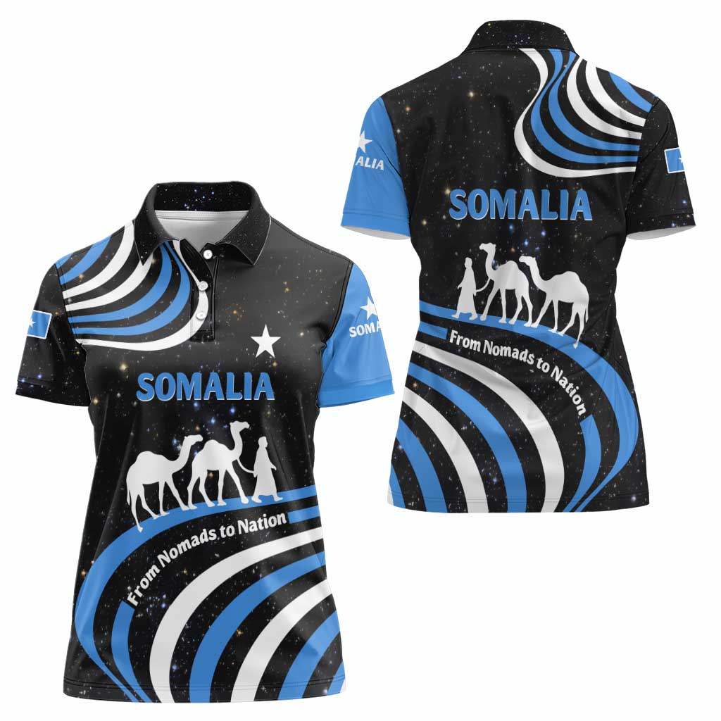 Somalia Women Polo Shirt with From Nomads to Nation Camel Galaxy Flag Spirit