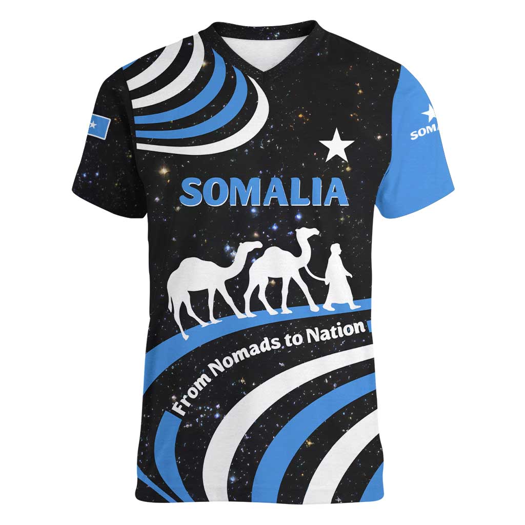 Somalia Women V-Neck T-Shirt with From Nomads to Nation Camel Galaxy Flag Spirit