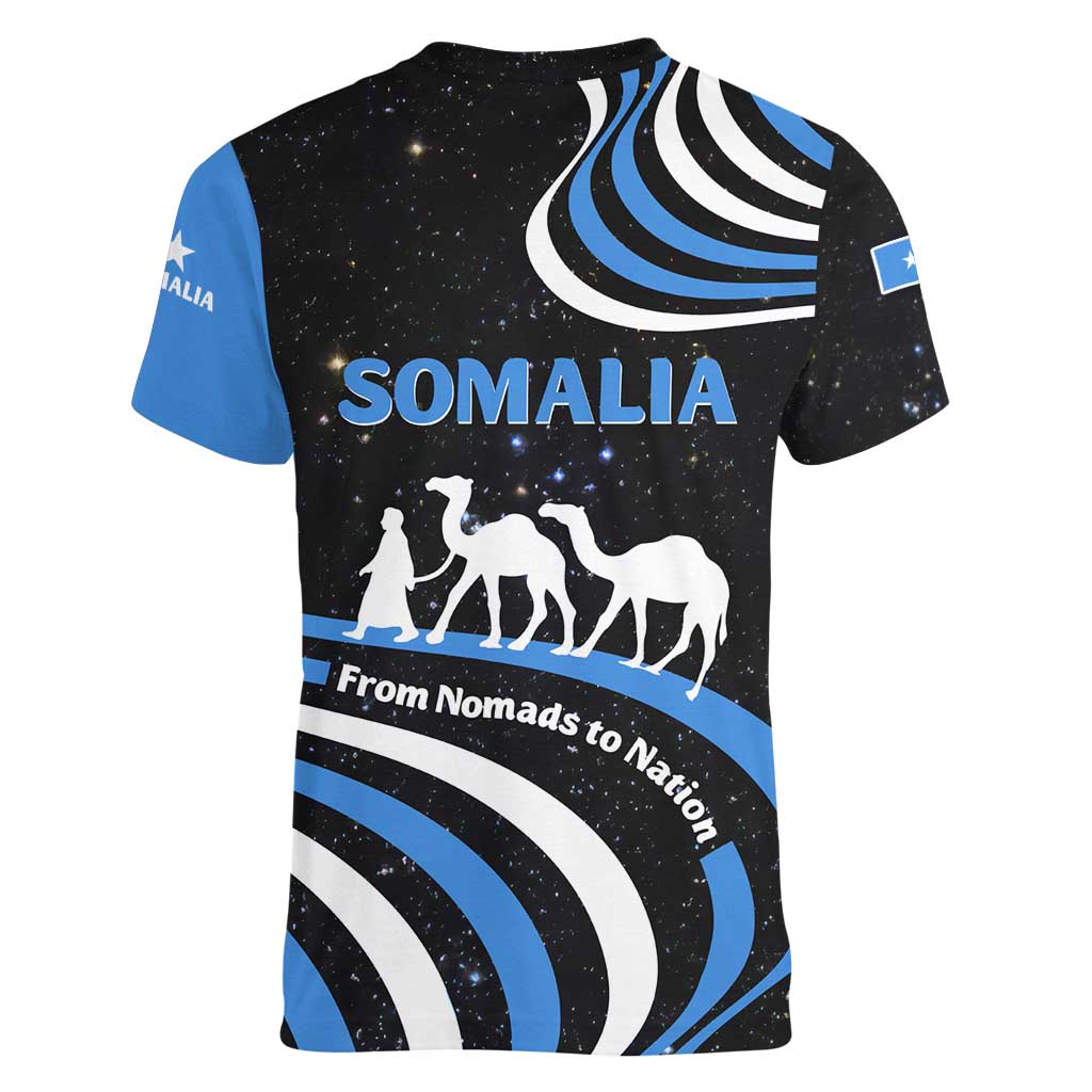 Somalia Women V-Neck T-Shirt with From Nomads to Nation Camel Galaxy Flag Spirit