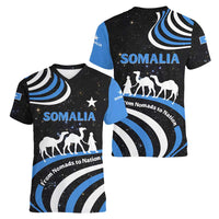 Somalia Women V-Neck T-Shirt with From Nomads to Nation Camel Galaxy Flag Spirit