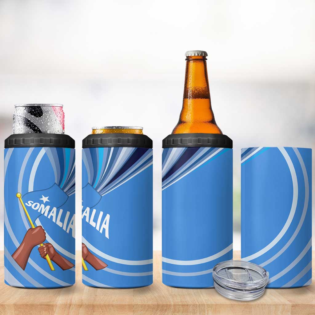 Somalia 4 in 1 Can Cooler Tumbler with Raised Fist Flag Blue Unity Wave Spirit