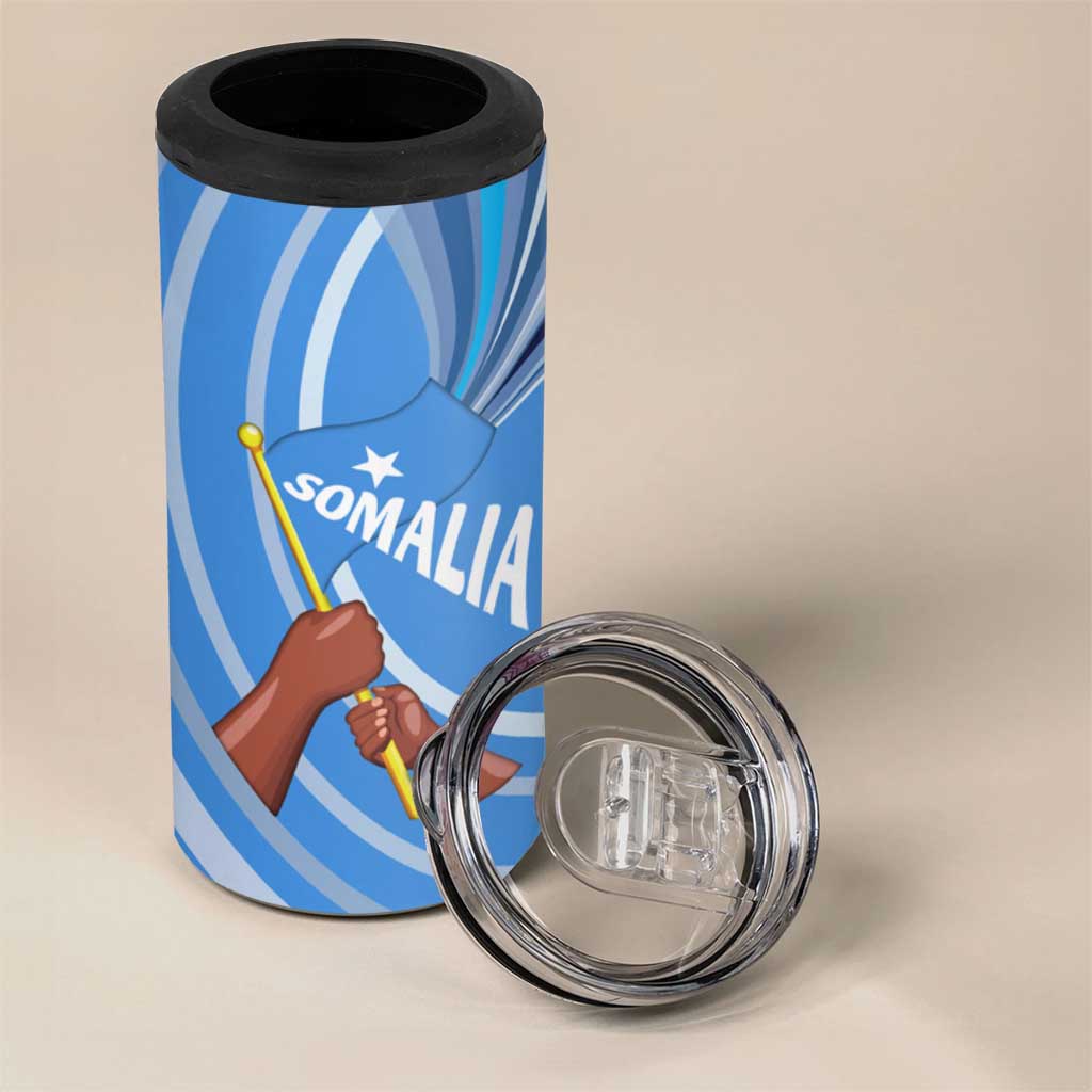 Somalia 4 in 1 Can Cooler Tumbler with Raised Fist Flag Blue Unity Wave Spirit