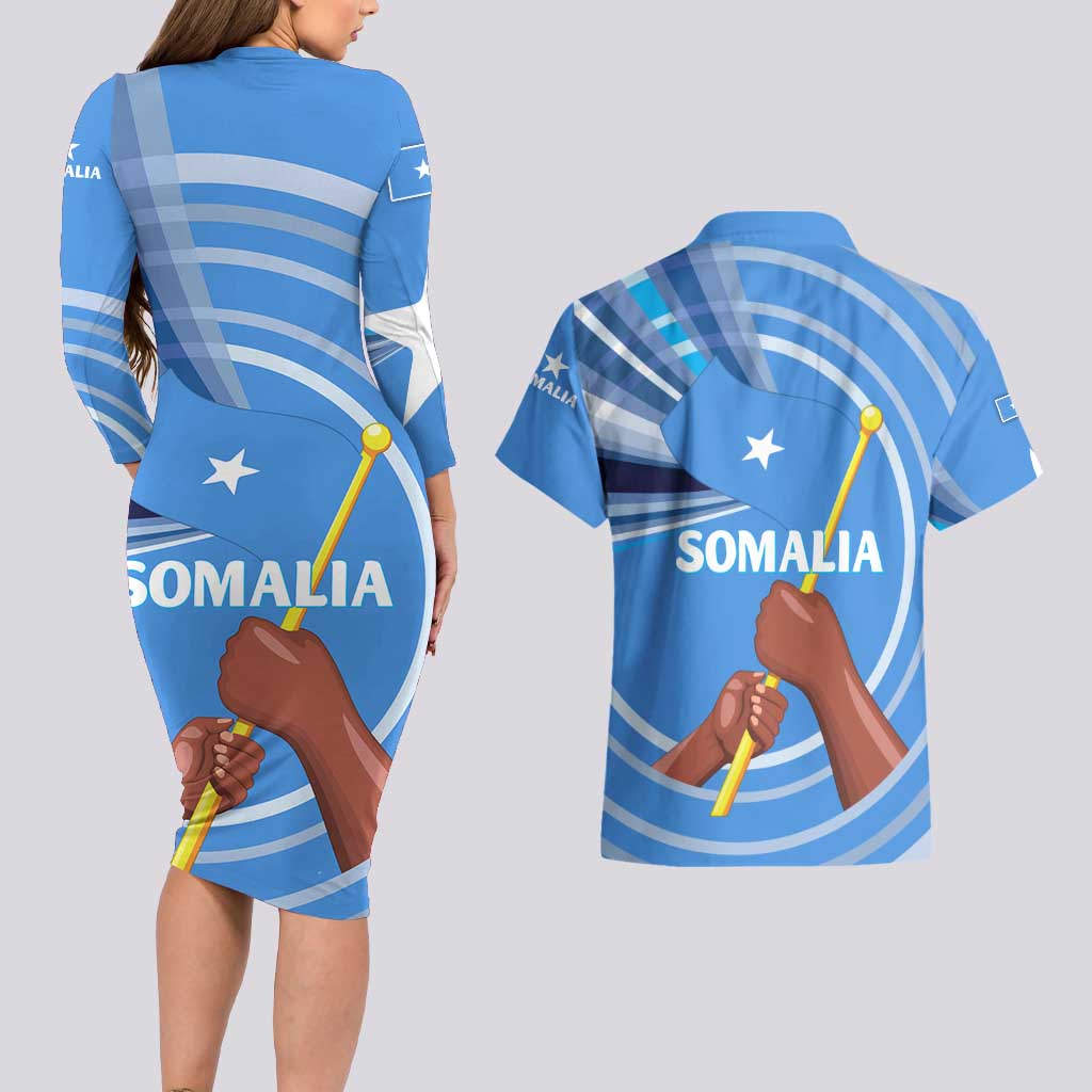 Somalia Couples Matching Long Sleeve Bodycon Dress and Hawaiian Shirt with Raised Fist Flag Blue Unity Wave Spirit