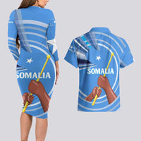 Somalia Couples Matching Long Sleeve Bodycon Dress and Hawaiian Shirt with Raised Fist Flag Blue Unity Wave Spirit