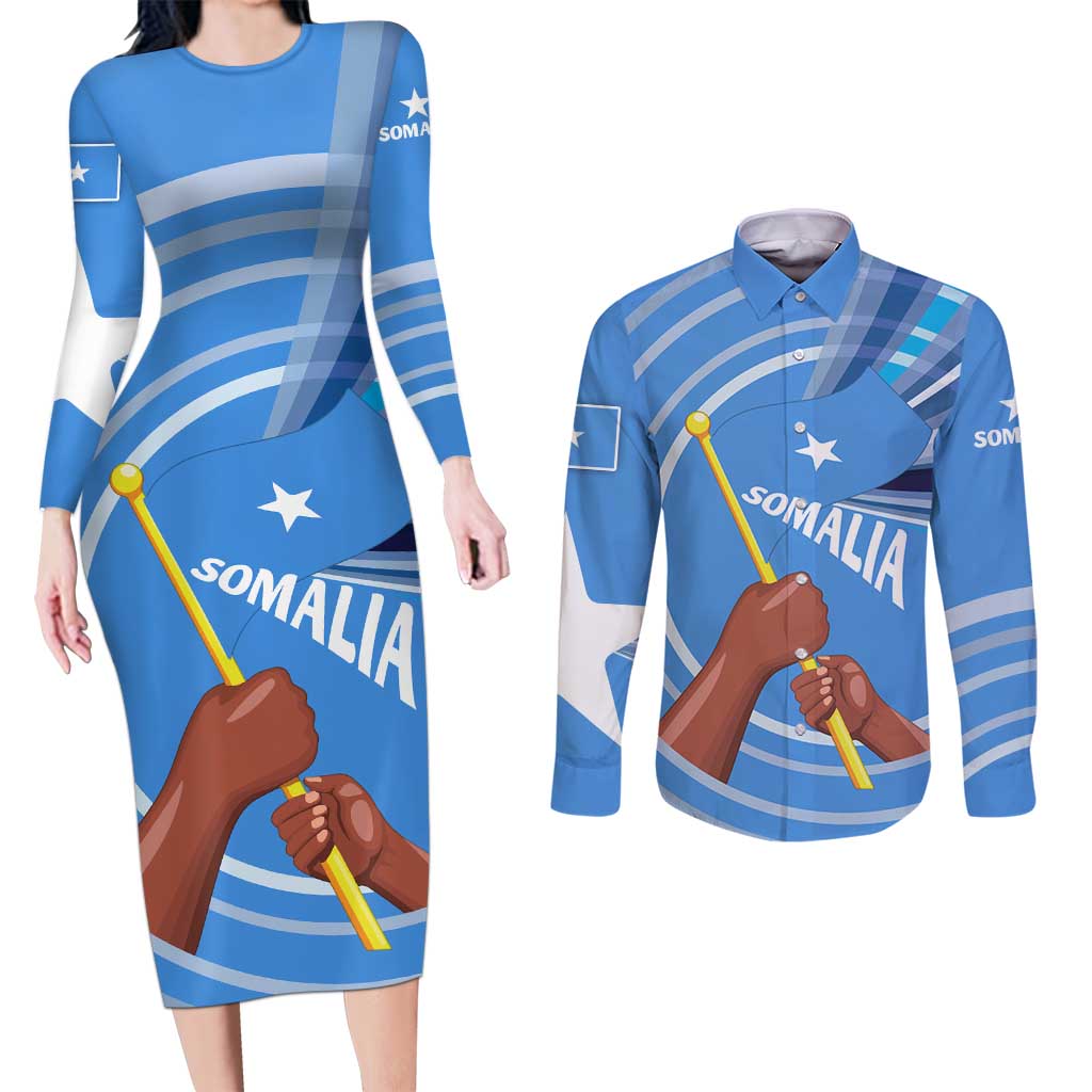 Somalia Couples Matching Long Sleeve Bodycon Dress and Long Sleeve Button Shirt with Raised Fist Flag Blue Unity Wave Spirit