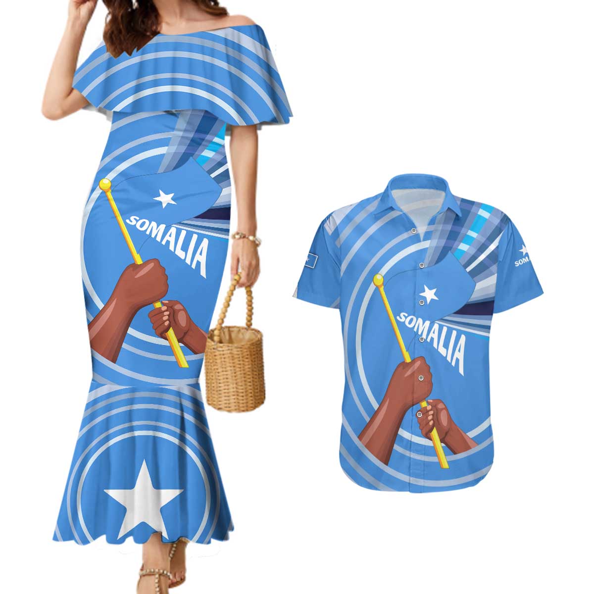Somalia Couples Matching Mermaid Dress and Hawaiian Shirt with Raised Fist Flag Blue Unity Wave Spirit