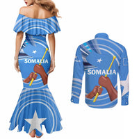 Somalia Couples Matching Mermaid Dress and Long Sleeve Button Shirt with Raised Fist Flag Blue Unity Wave Spirit