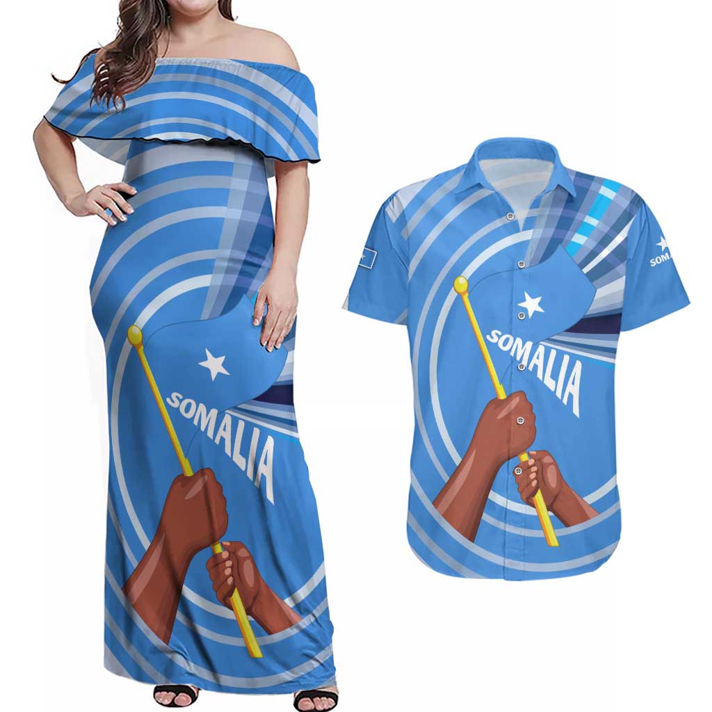 Somalia Couples Matching Off Shoulder Maxi Dress and Hawaiian Shirt with Raised Fist Flag Blue Unity Wave Spirit