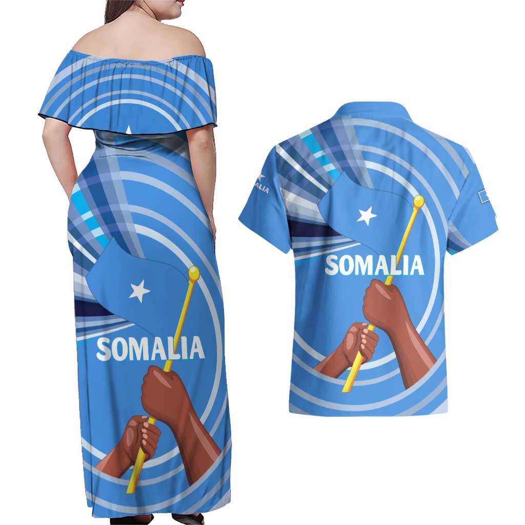 Somalia Couples Matching Off Shoulder Maxi Dress and Hawaiian Shirt with Raised Fist Flag Blue Unity Wave Spirit