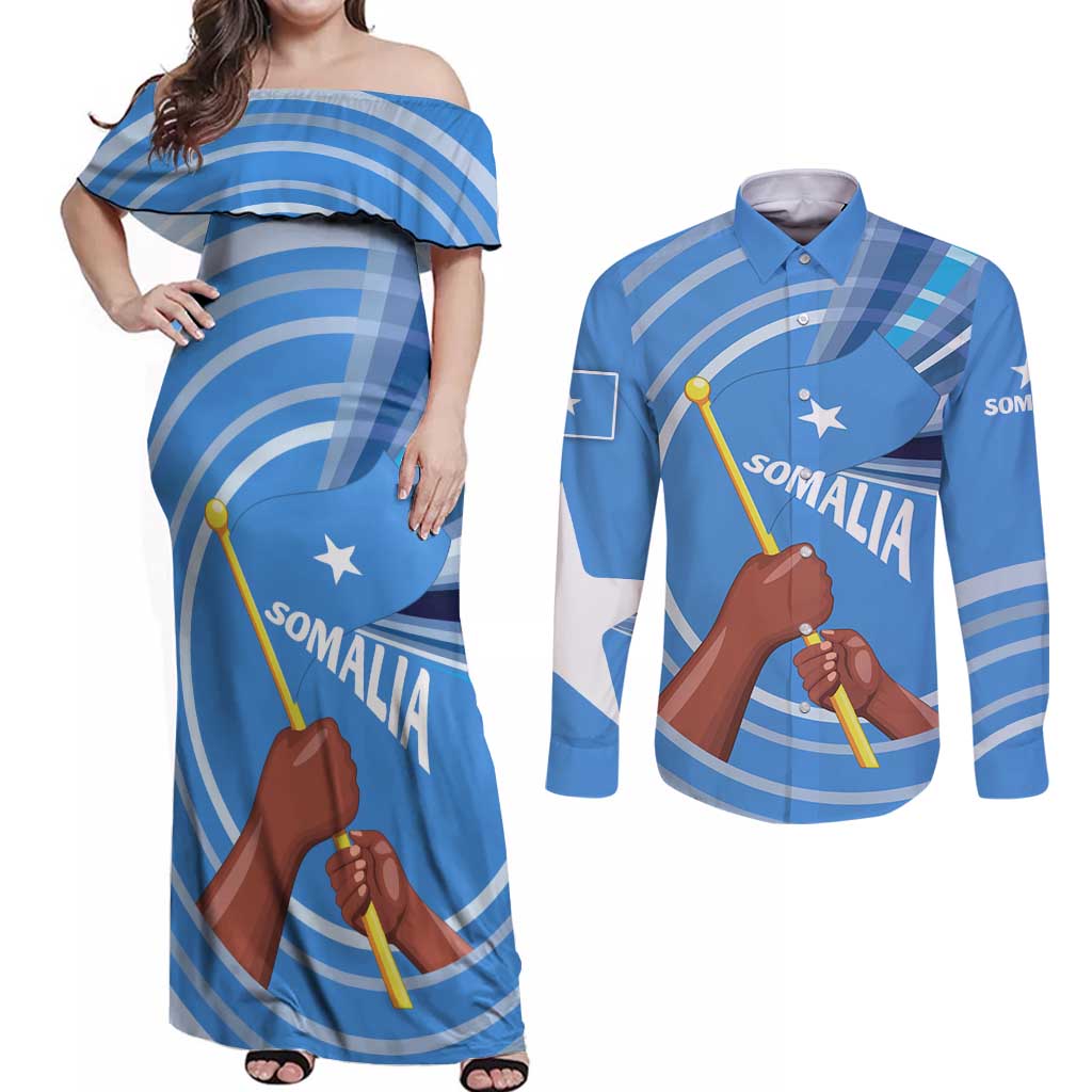 Somalia Couples Matching Off Shoulder Maxi Dress and Long Sleeve Button Shirt with Raised Fist Flag Blue Unity Wave Spirit