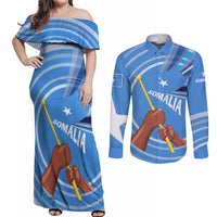 Somalia Couples Matching Off Shoulder Maxi Dress and Long Sleeve Button Shirt with Raised Fist Flag Blue Unity Wave Spirit