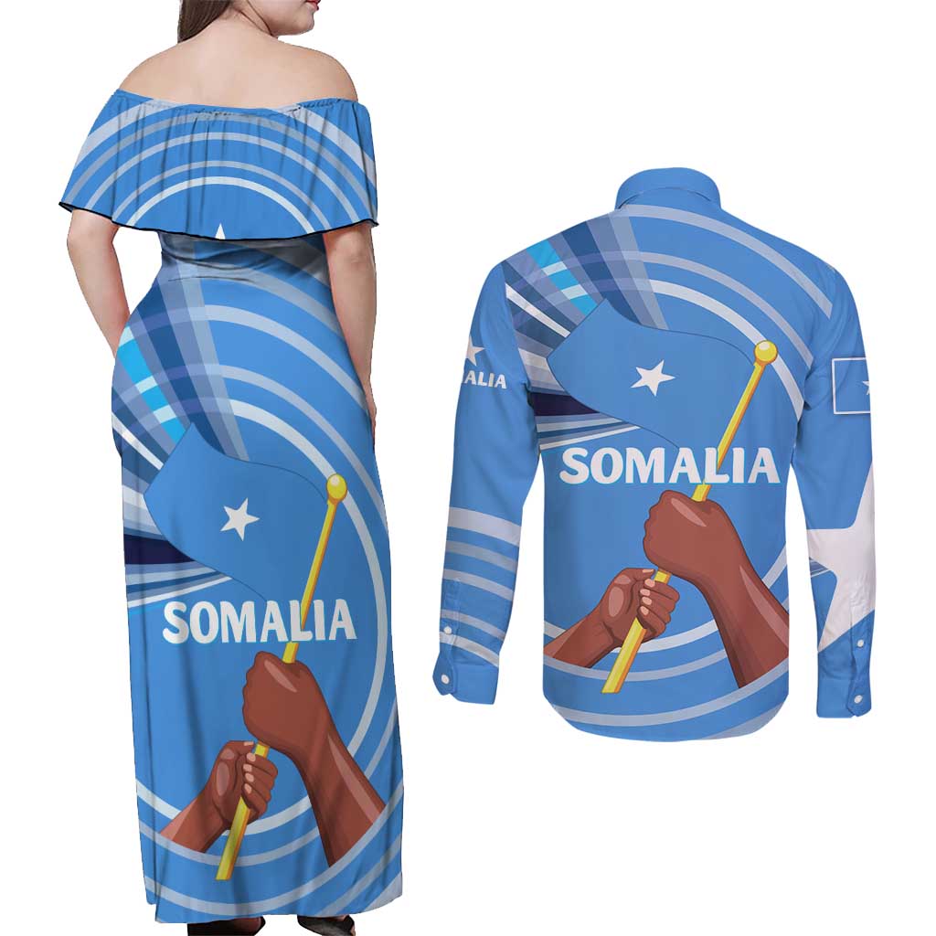 Somalia Couples Matching Off Shoulder Maxi Dress and Long Sleeve Button Shirt with Raised Fist Flag Blue Unity Wave Spirit