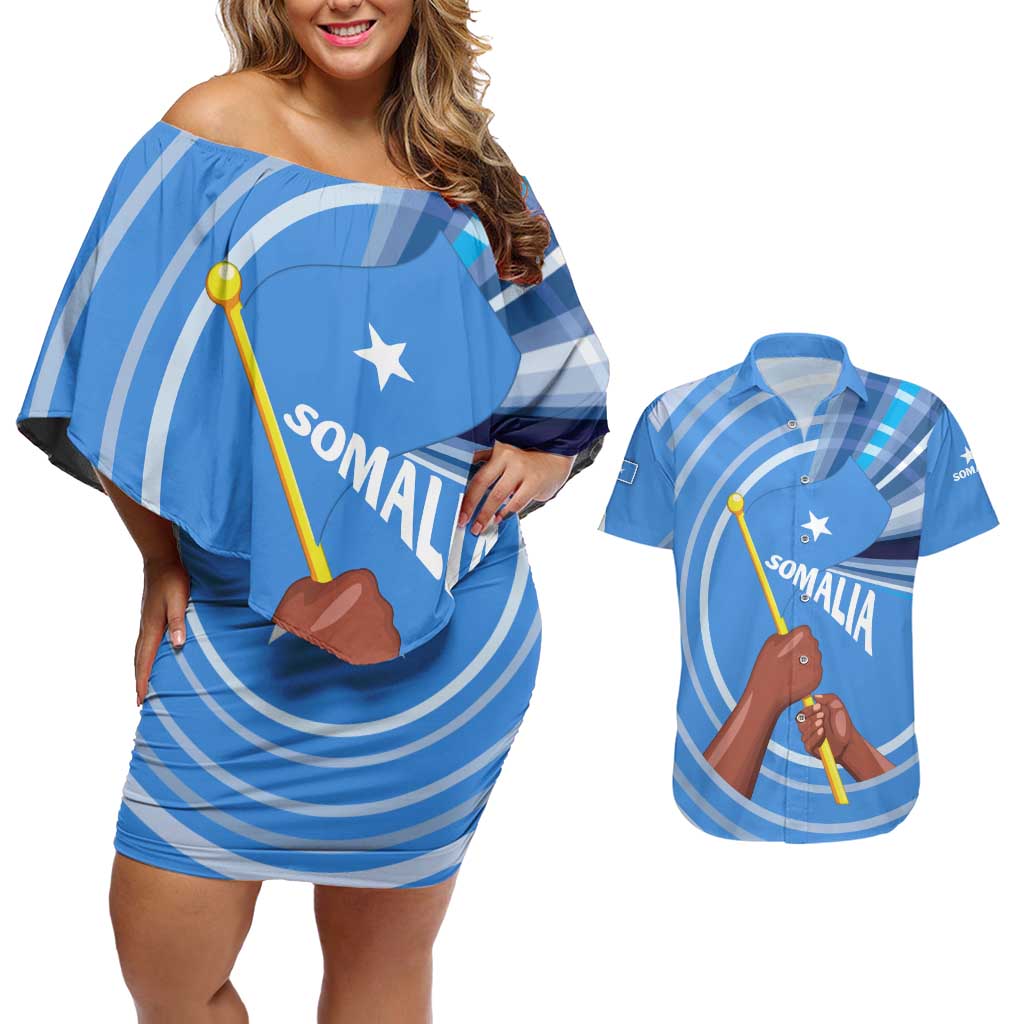 Somalia Couples Matching Off Shoulder Short Dress and Hawaiian Shirt with Raised Fist Flag Blue Unity Wave Spirit