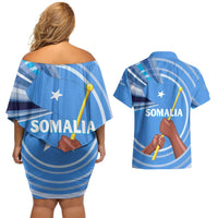 Somalia Couples Matching Off Shoulder Short Dress and Hawaiian Shirt with Raised Fist Flag Blue Unity Wave Spirit