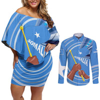 Somalia Couples Matching Off Shoulder Short Dress and Long Sleeve Button Shirt with Raised Fist Flag Blue Unity Wave Spirit