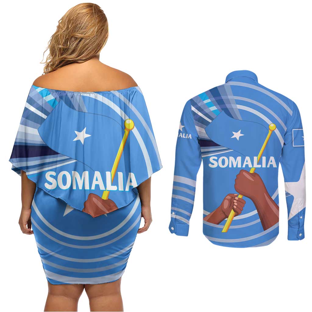Somalia Couples Matching Off Shoulder Short Dress and Long Sleeve Button Shirt with Raised Fist Flag Blue Unity Wave Spirit