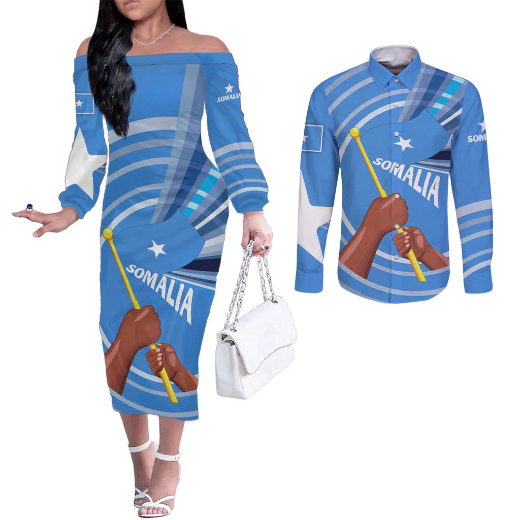 Somalia Couples Matching Off The Shoulder Long Sleeve Dress and Long Sleeve Button Shirt with Raised Fist Flag Blue Unity Wave Spirit