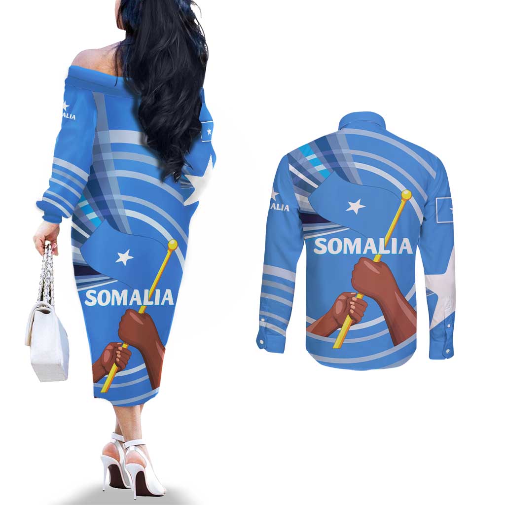 Somalia Couples Matching Off The Shoulder Long Sleeve Dress and Long Sleeve Button Shirt with Raised Fist Flag Blue Unity Wave Spirit
