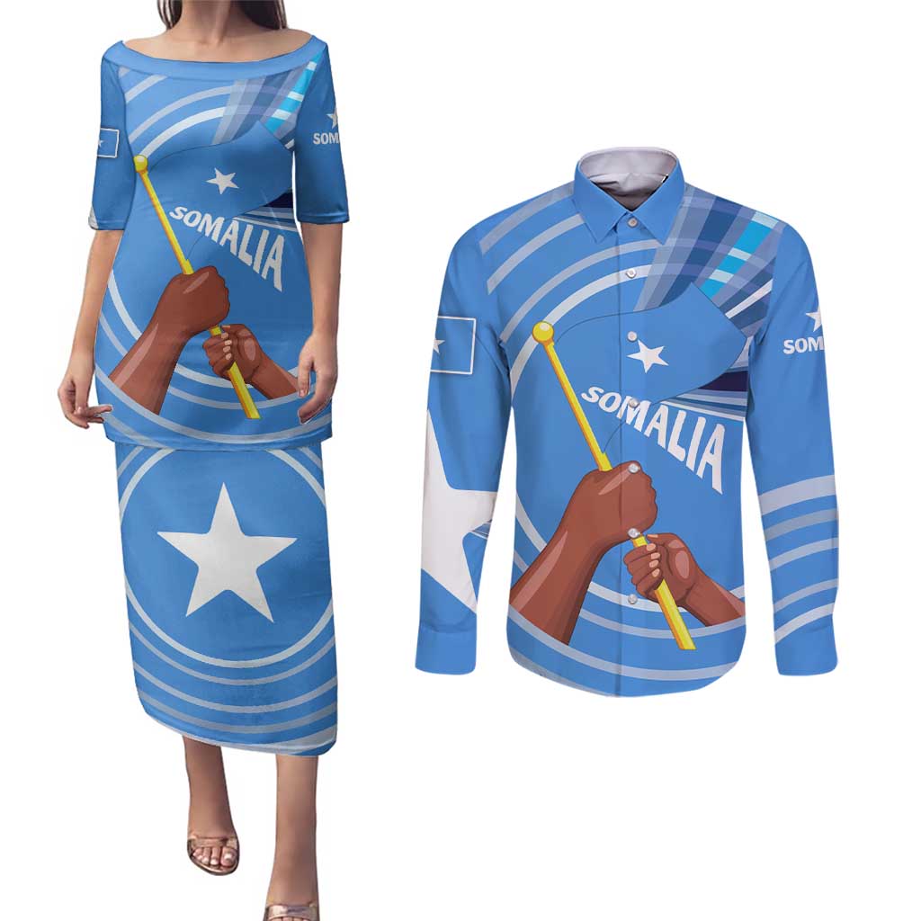 Somalia Couples Matching Puletasi and Long Sleeve Button Shirt with Raised Fist Flag Blue Unity Wave Spirit