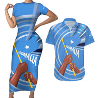 Somalia Couples Matching Short Sleeve Bodycon Dress and Hawaiian Shirt with Raised Fist Flag Blue Unity Wave Spirit