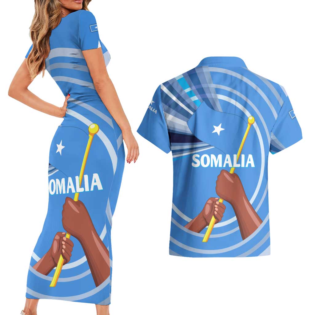 Somalia Couples Matching Short Sleeve Bodycon Dress and Hawaiian Shirt with Raised Fist Flag Blue Unity Wave Spirit