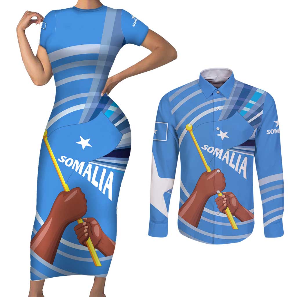 Somalia Couples Matching Short Sleeve Bodycon Dress and Long Sleeve Button Shirt with Raised Fist Flag Blue Unity Wave Spirit