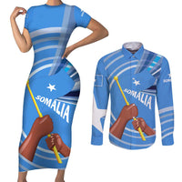 Somalia Couples Matching Short Sleeve Bodycon Dress and Long Sleeve Button Shirt with Raised Fist Flag Blue Unity Wave Spirit