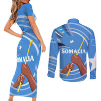 Somalia Couples Matching Short Sleeve Bodycon Dress and Long Sleeve Button Shirt with Raised Fist Flag Blue Unity Wave Spirit