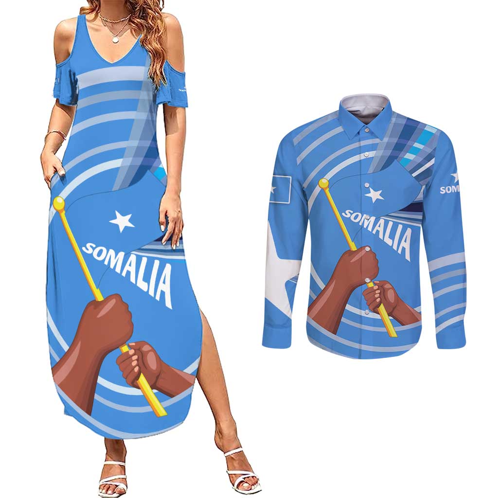 Somalia Couples Matching Summer Maxi Dress and Long Sleeve Button Shirt with Raised Fist Flag Blue Unity Wave Spirit