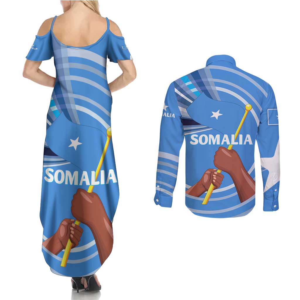 Somalia Couples Matching Summer Maxi Dress and Long Sleeve Button Shirt with Raised Fist Flag Blue Unity Wave Spirit