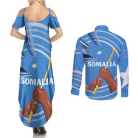 Somalia Couples Matching Summer Maxi Dress and Long Sleeve Button Shirt with Raised Fist Flag Blue Unity Wave Spirit