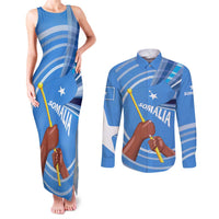 Somalia Couples Matching Tank Maxi Dress and Long Sleeve Button Shirt with Raised Fist Flag Blue Unity Wave Spirit