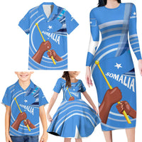 Somalia Family Matching Long Sleeve Bodycon Dress and Hawaiian Shirt with Raised Fist Flag Blue Unity Wave Spirit
