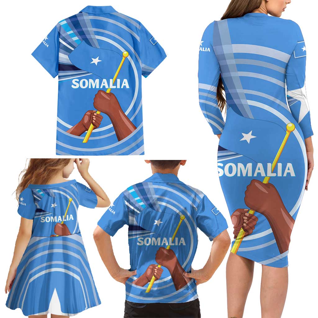 Somalia Family Matching Long Sleeve Bodycon Dress and Hawaiian Shirt with Raised Fist Flag Blue Unity Wave Spirit