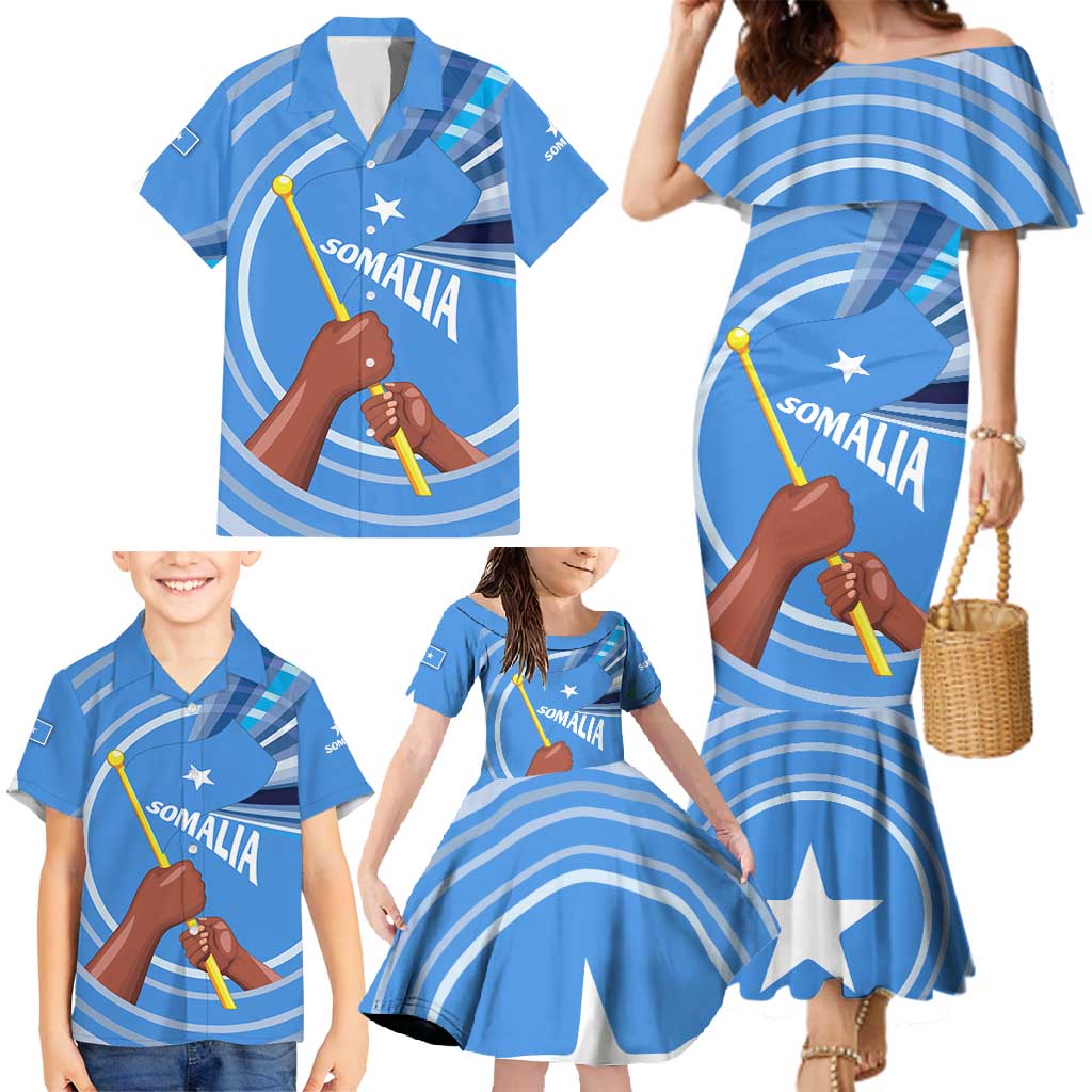 Somalia Family Matching Mermaid Dress and Hawaiian Shirt with Raised Fist Flag Blue Unity Wave Spirit