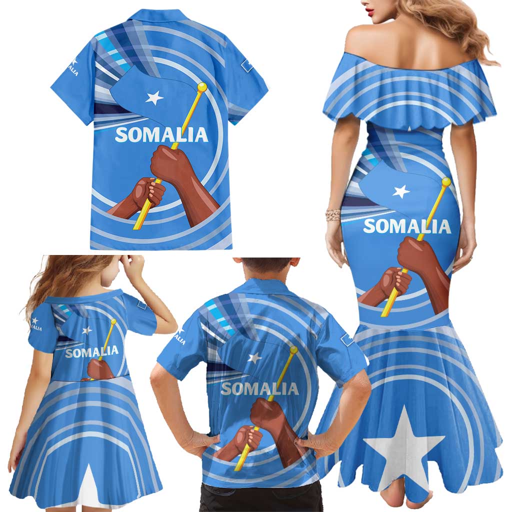 Somalia Family Matching Mermaid Dress and Hawaiian Shirt with Raised Fist Flag Blue Unity Wave Spirit