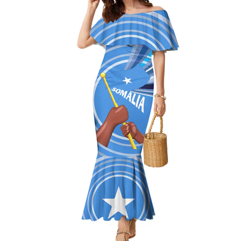Somalia Family Matching Mermaid Dress and Hawaiian Shirt with Raised Fist Flag Blue Unity Wave Spirit