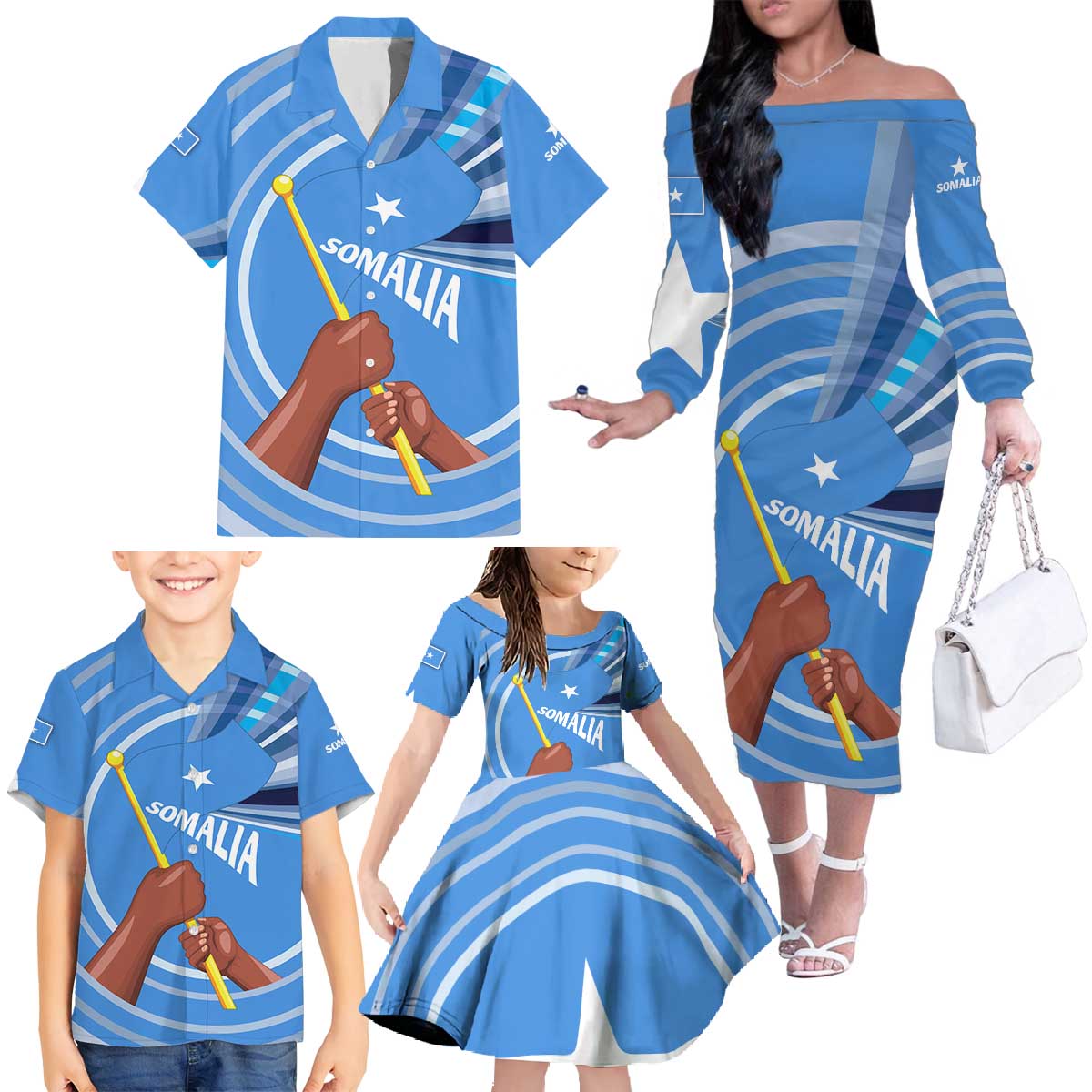 Somalia Family Matching Off The Shoulder Long Sleeve Dress and Hawaiian Shirt with Raised Fist Flag Blue Unity Wave Spirit